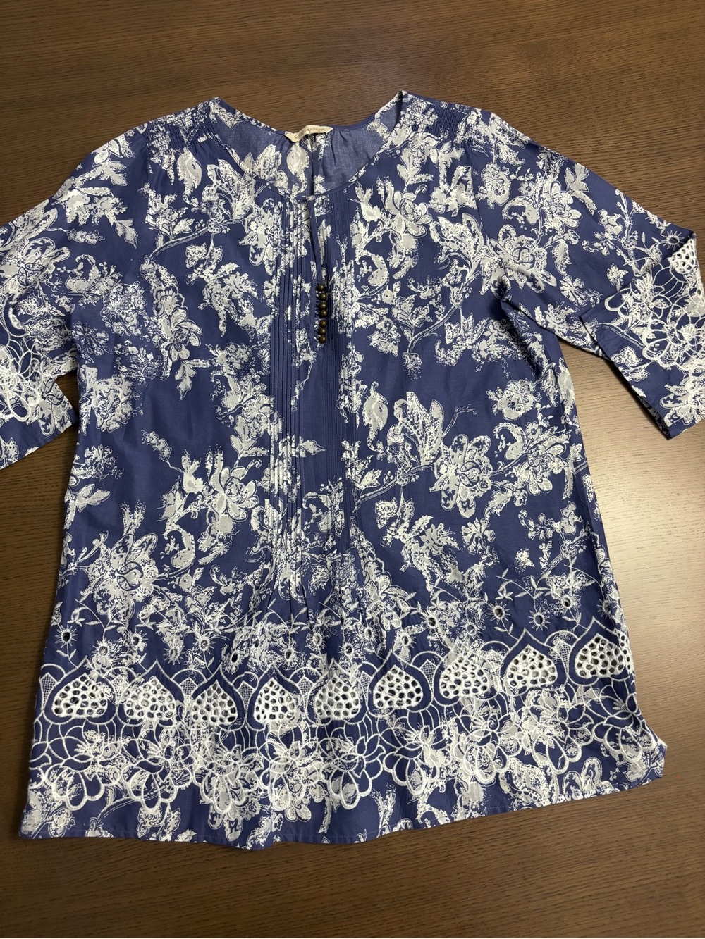 Soft Surroundings Blue and White Floral Peasant Blouse